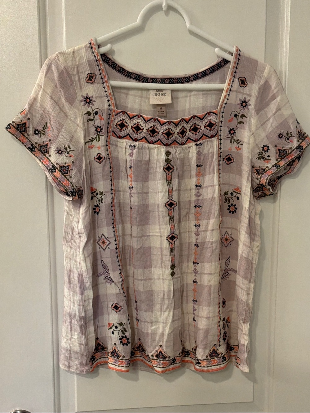 Knox Rose Lavender Plaid Embroidered Peasant Blouse
